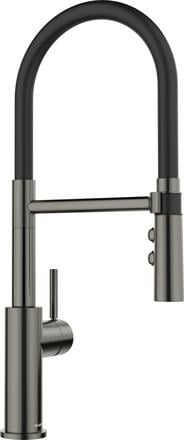 Kuchyňská baterie Blanco CATRIS-S Flexo satin dark steel s černou sprchovou hadicí HD
