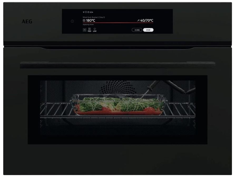 AEG NKK9N821T – Kompaktní vestavná trouba 9000 ProAssist CombiQuick, mikrovlnná + horkovzdušná, Matt Black – výprodej, studio Praha 9
